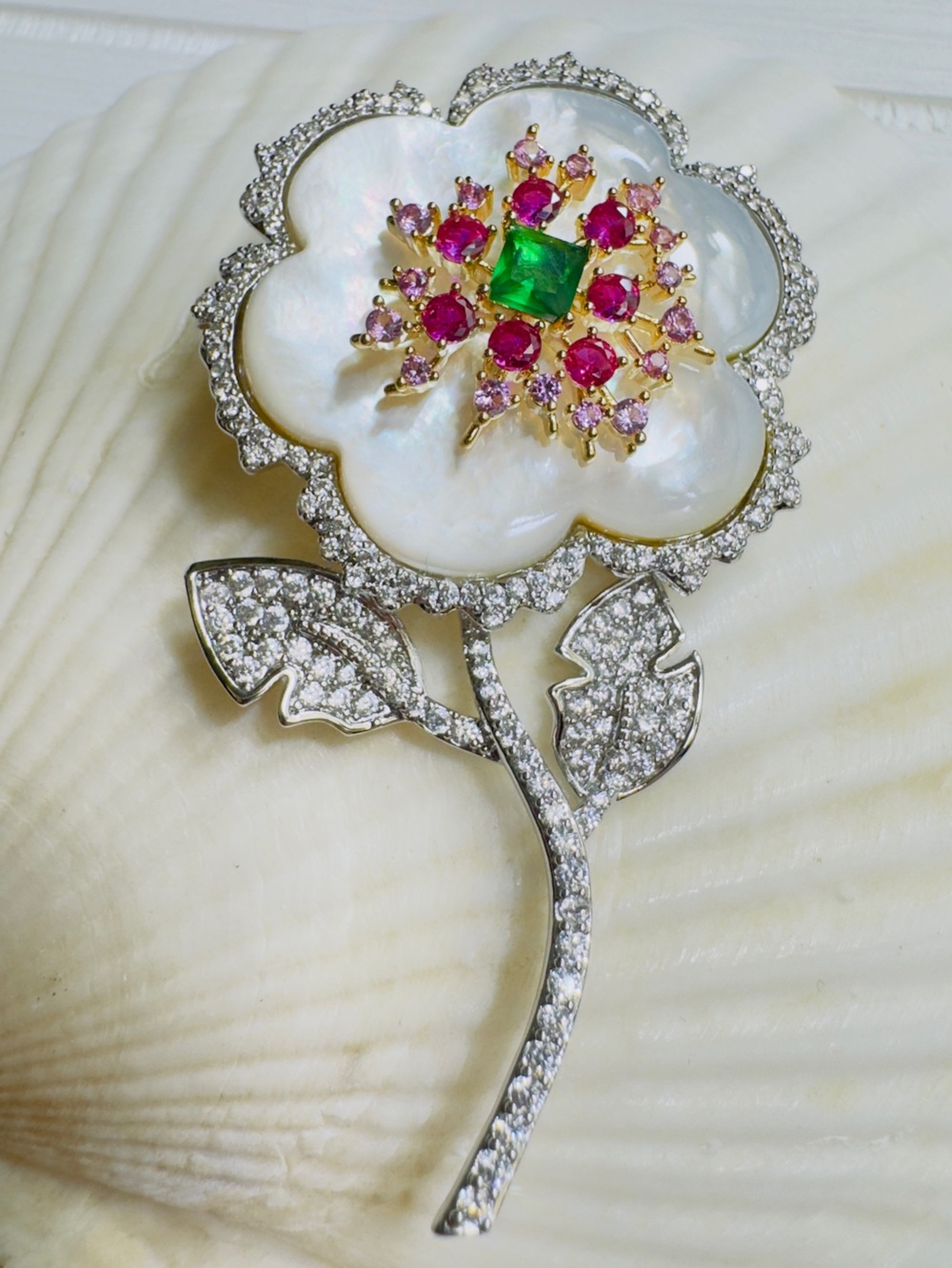 Mother-of-Pearl Floral Brooch with Pink and Green Gem Accents - Picture 4 of 5